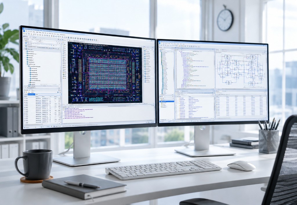 Dual-monitor engineering workspace with IC layout and schematic design on screen